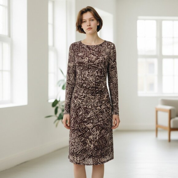 NWT DKNY Mesh Long Sleeve Ruched Sheath Dress Burgundy Cocktail Abstract Size 12 - Picture 1 of 8